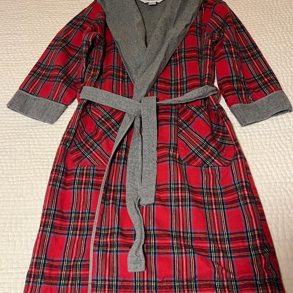 Women's Red Plaid Portuguese Flannel Robe with Gray Accents